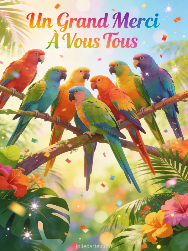 Groupe de perroquets colorés perchés ensemble sur branches tropicales texte Un Grand Merci À Vous Tous multicolore festif