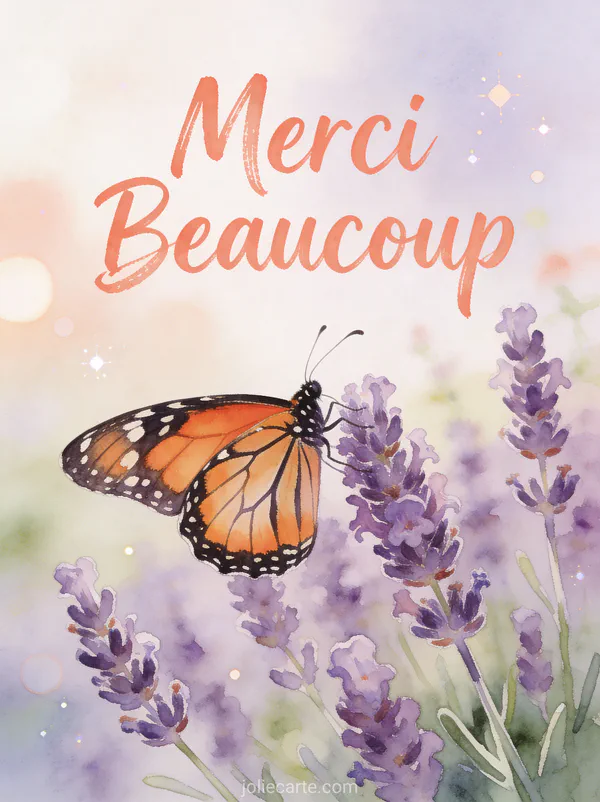 Papillon monarque posé sur fleurs de lavande violette texte Merci Beaucoup corail aquarelle