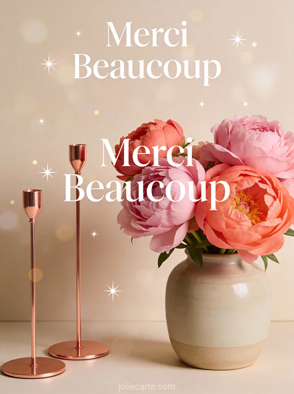 Bouquet de pivoines roses et corail dans un vase céramique sur fond neutre avec le texte Merci Beaucoup