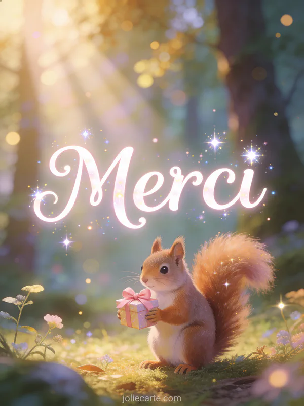 Écureuil mignon tenant une petite boîte cadeau dans une forêt enchantée avec rayons de lumière et le texte Merci