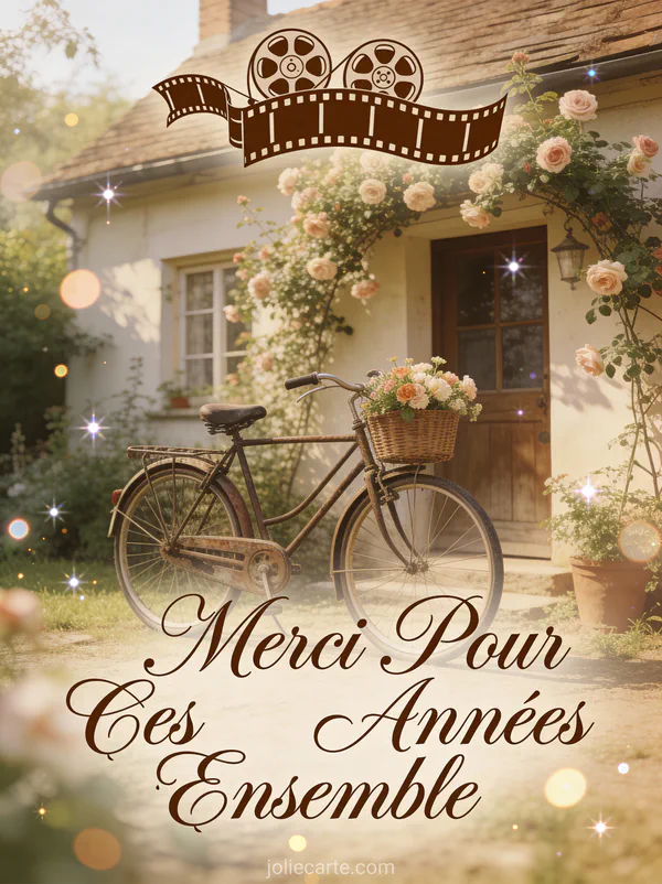 Vélo vintage avec panier de fleurs devant cottage aux roses grimpantes texte Merci Pour Ces Années Ensemble sépia nostalgique