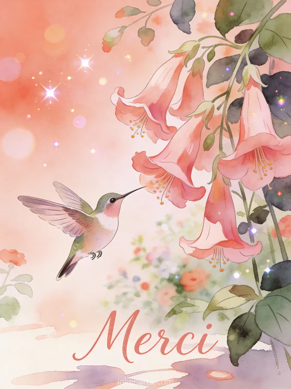 Message remerciement deces illustré avec colibri près fleurs roses texte Merci