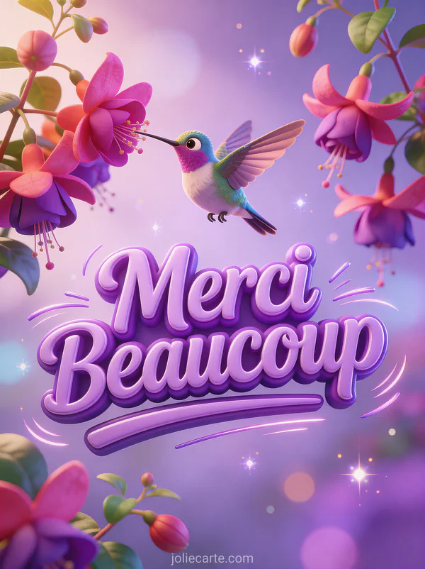 Colibri cartoon virevoltant près de fuchsias colorés texte Merci Beaucoup violet 3D dynamique