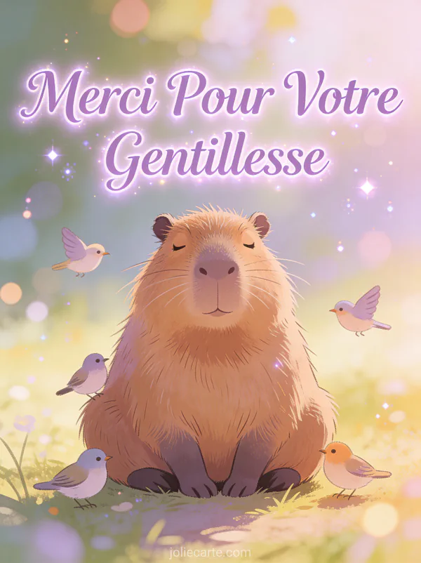 Capybara paisible assis avec petits oiseaux autour texte Merci Pour Votre Gentillesse lavande doux