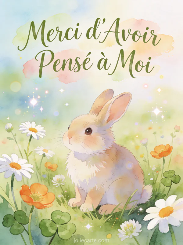Lapin adorable assis dans un champ de fleurs sauvages aux couleurs pastel avec le texte Merci d'Avoir Pensé à Moi