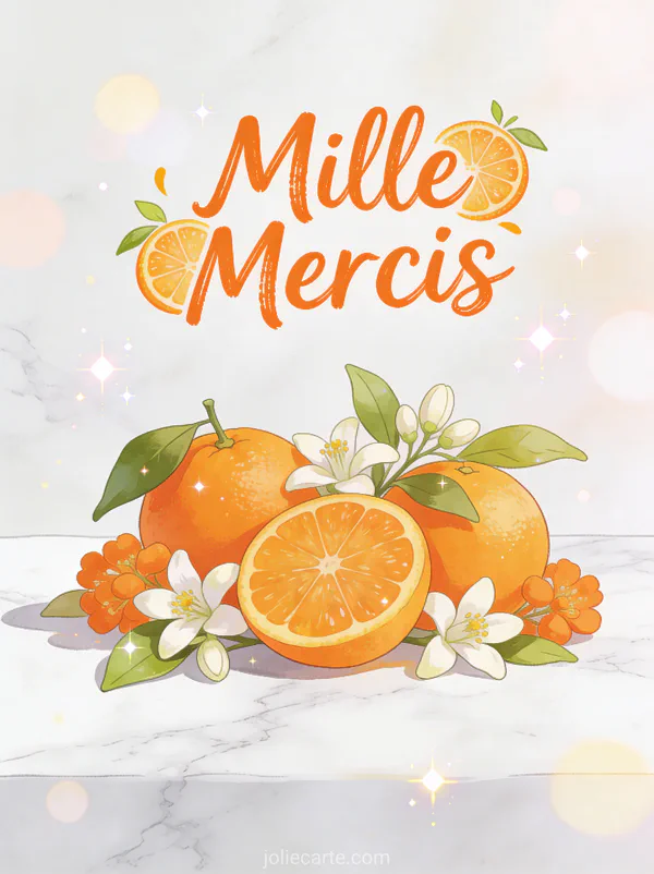 Oranges fraîches et fleurs d'oranger sur marbre blanc texte Mille Mercis mandarine joyeux