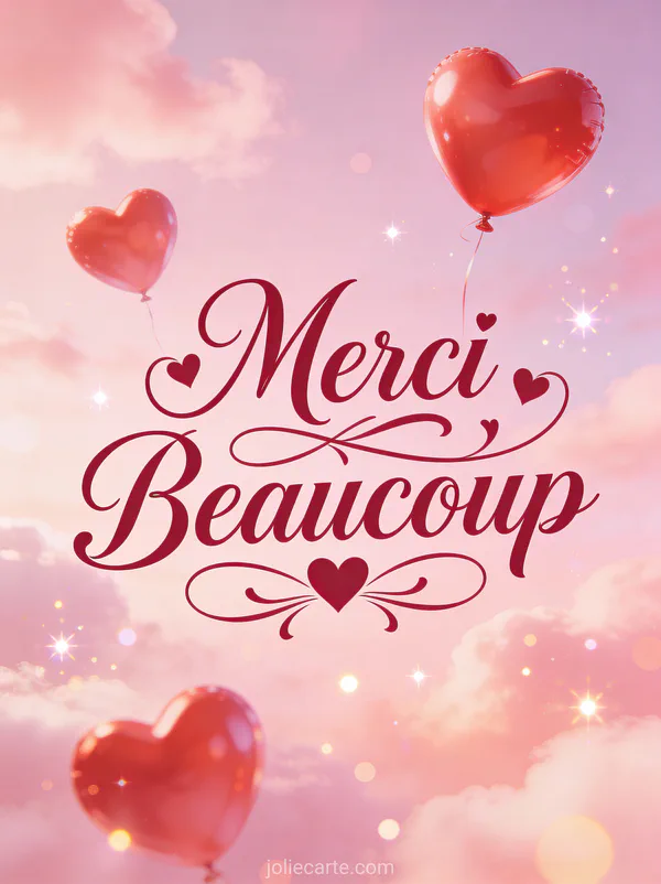 Ballons rouges en forme de cœur flottant dans ciel rose avec nuages texte Merci Beaucoup rubis romantique