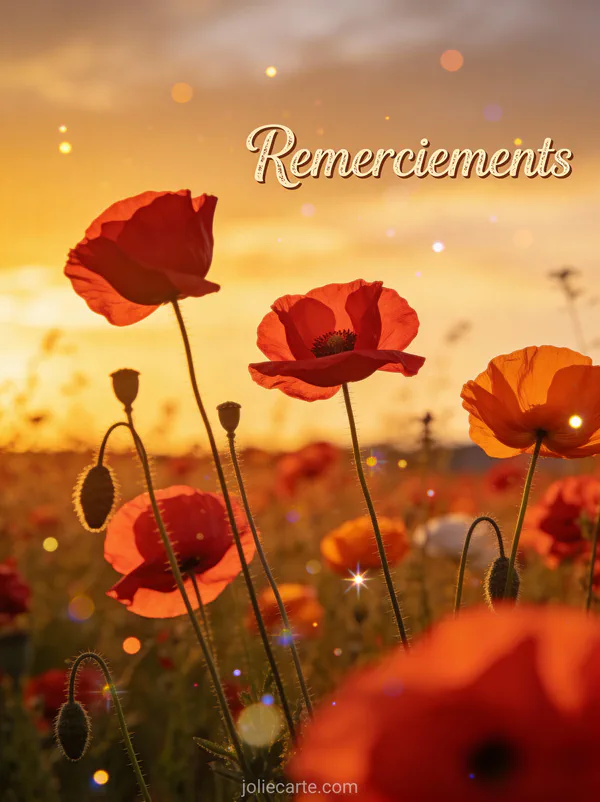 Carte de remerciement suite deces avec coquelicots coucher soleil texte Remerciements