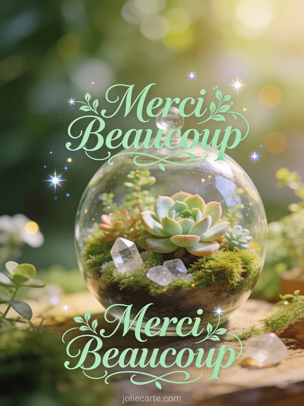 Terrarium en globe de verre avec succulentes mousse et cristaux texte Merci Beaucoup vert menthe botanique