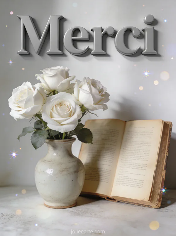 Photo carte de remerciement décès avec roses blanches vase livre ancien texte Merci