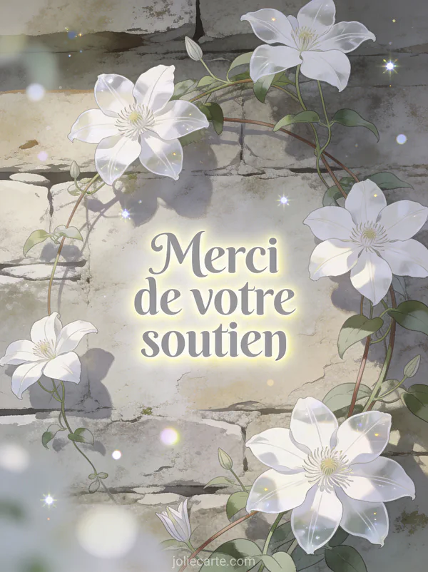 Carte de remerciement décès texte avec clématites blanches mur pierre texte Merci de votre soutien