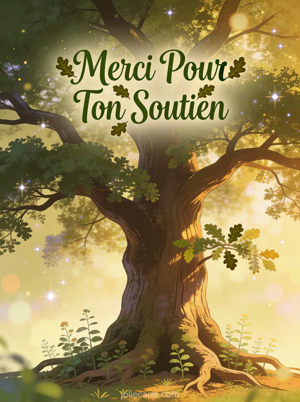 Chêne majestueux aux racines profondes et branches protégeant les plantes texte Merci Pour Ton Soutien vert forêt