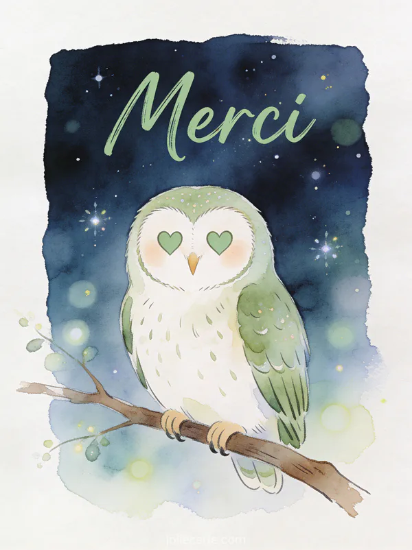 Carte de remerciement décès gratuite illustrée avec chouette effraie ciel nocturne texte Merci