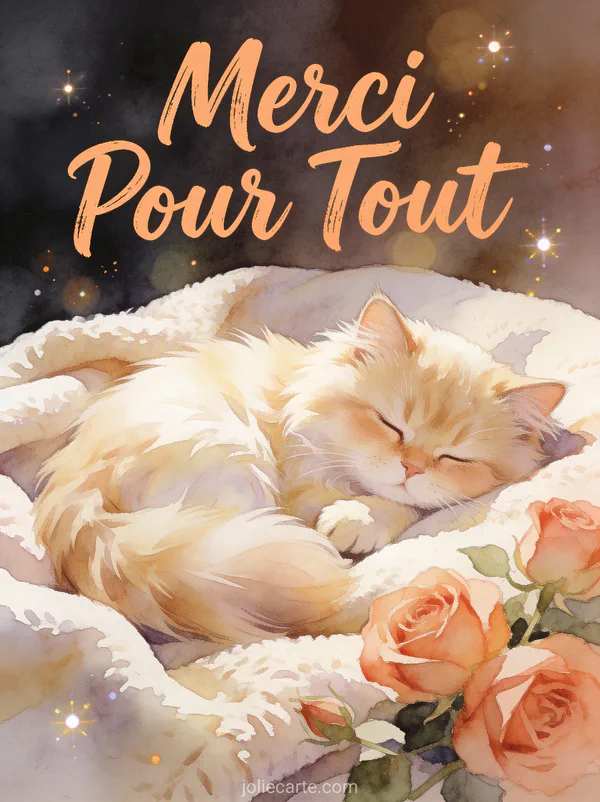Chat persan crème endormi paisiblement sur plaid douillet avec roses à côté texte Merci Pour Tout abricot aquarelle