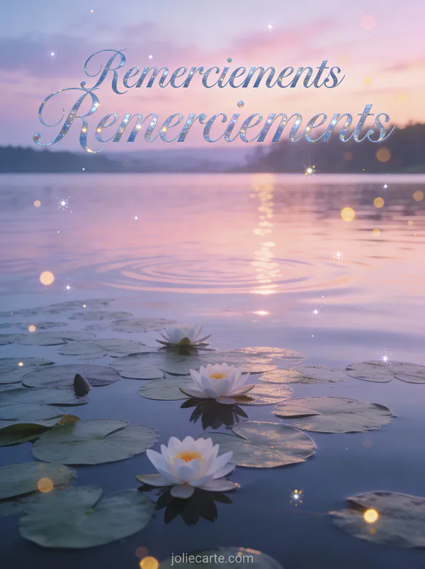 Remerciement carte deces avec lac nénuphars crépuscule ciel rose texte Remerciements