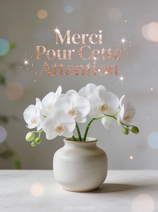 Orchidées blanches dans un pot céramique minimaliste avec lumière douce et le texte Merci Pour Cette Attention