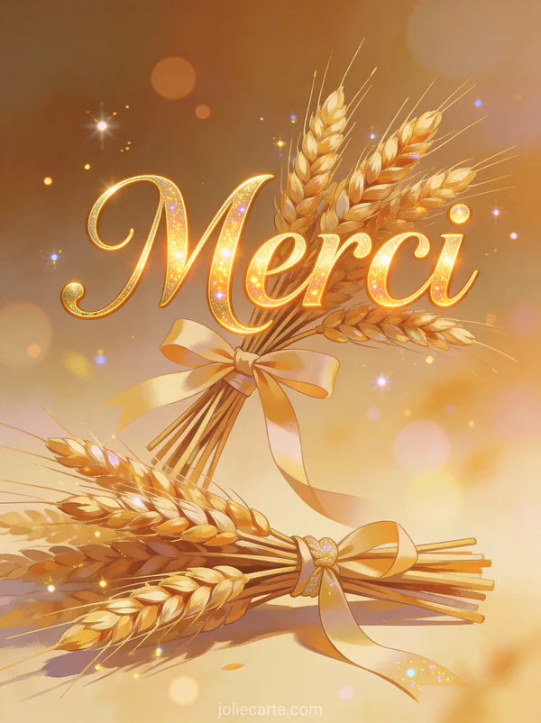 Carte remerciement décès épi de blé avec gerbe dorée ruban texte Merci
