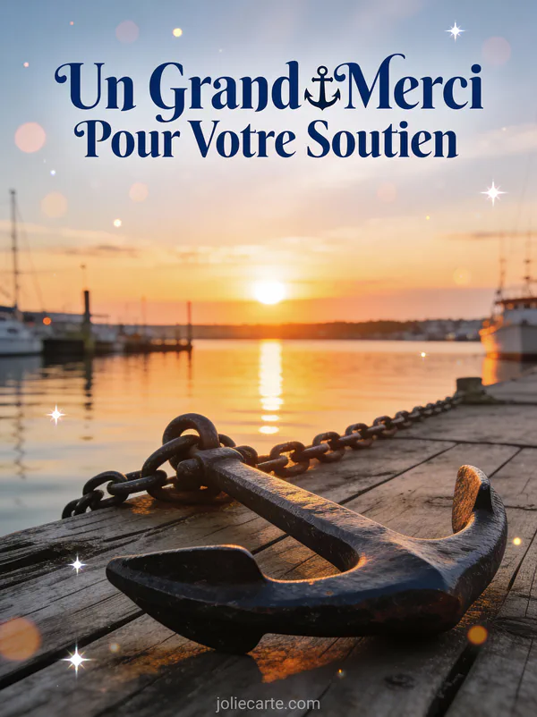 Ancre robuste sur planches de ponton patiné au coucher de soleil sur port calme texte Un Grand Merci Pour Votre Soutien bleu marine
