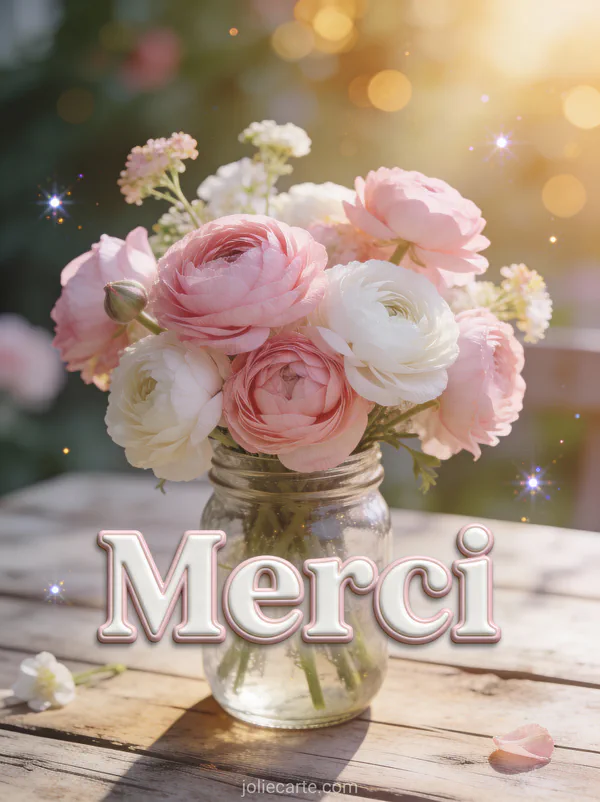 Renoncules roses et blanches dans un bocal en verre sur table en bois rustique avec le texte Merci