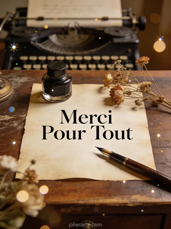 Plume calligraphique avec encrier et fleurs séchées sur bureau ancien texte Merci Pour Tout style machine à écrire