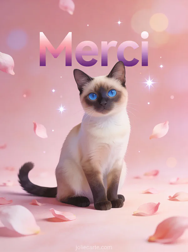 Chat siamois aux yeux bleus assis élégamment sur fond rose avec pétales flottants et le texte Merci
