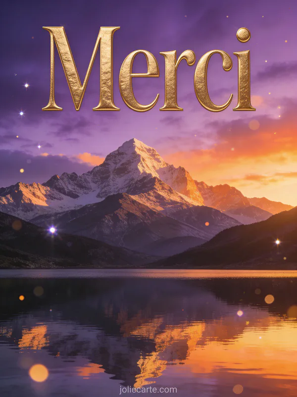 Paysage de montagnes majestueuses au coucher du soleil avec lac en reflet et ciel pourpre et orange avec le texte Merci
