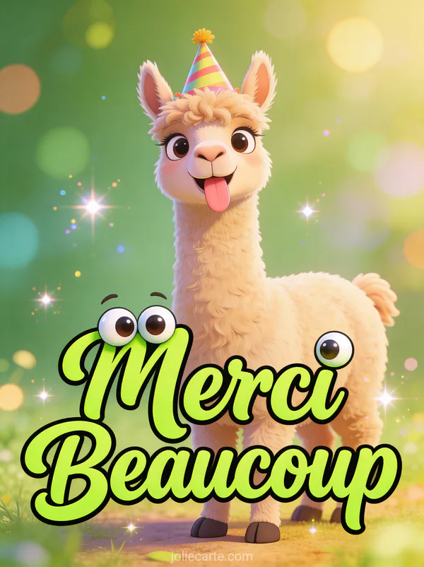 Lama rigolo avec petit chapeau de fête tirant la langue texte Merci Beaucoup vert lime cartoon