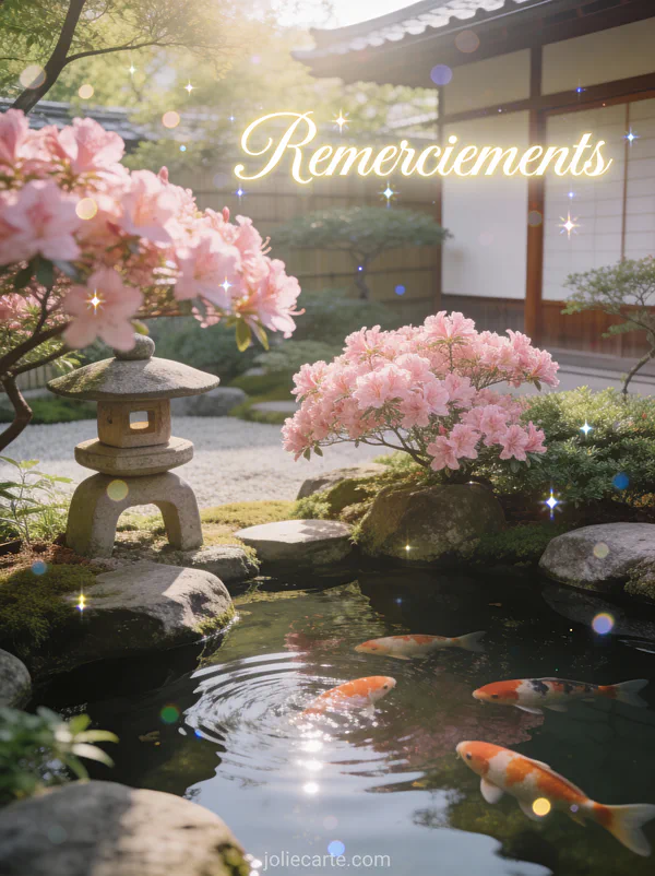 Remerciement carte de condoléances avec jardin japonais bassin azalées roses texte Remerciements