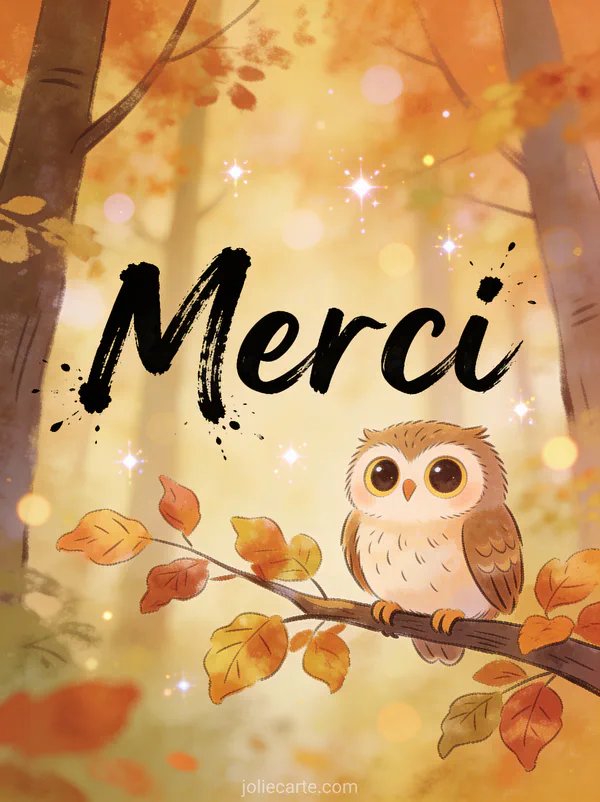 Hibou mignon aux grands yeux sur une branche avec feuilles d'automne dans une forêt avec le texte Merci