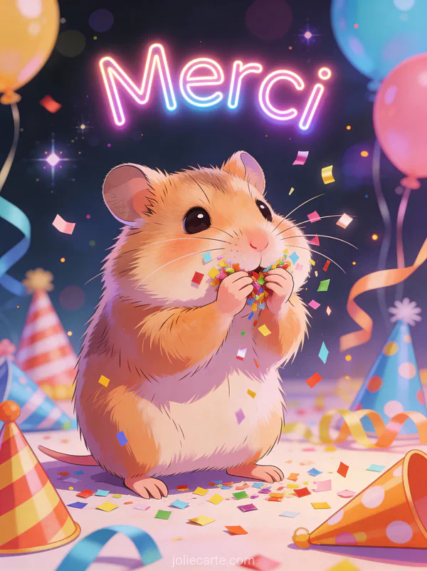 Hamster mignon avec les joues pleines de confettis lors d'une fête d'anniversaire avec le texte Merci