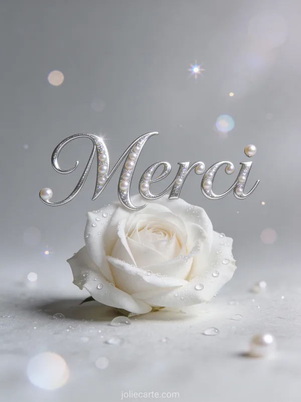 Message de remerciement pour condoléances avec rose blanche rosée texte Merci