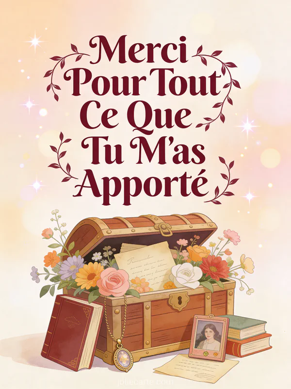 Coffre au trésor débordant de fleurs livres et souvenirs précieux texte Merci Pour Tout Ce Que Tu M'as Apporté bordeaux
