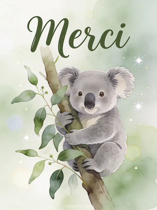 Koala adorable serrant une branche d'eucalyptus sur fond aquarelle gris et vert avec le texte Merci