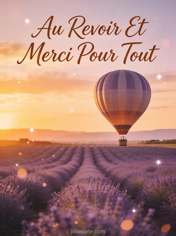 Montgolfière flottant au-dessus de champs de lavande au coucher de soleil texte Au Revoir Et Merci Pour Tout sépia nostalgique