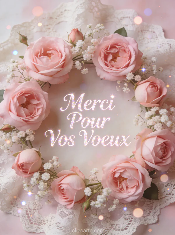 Roses de jardin roses et gypsophile sur fond de dentelle vintage avec le texte Merci Pour Vos Voeux