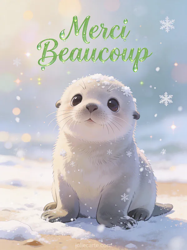 Bébé phoque aux grands yeux innocents sur plage enneigée texte Merci Beaucoup vert printanier