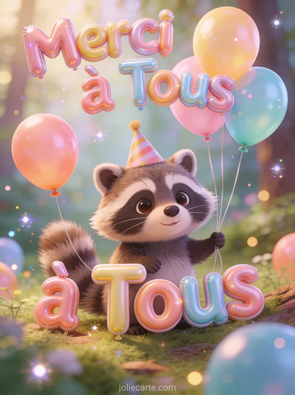 Raton laveur avec chapeau de fête entouré de ballons colorés dans une forêt festive avec le texte Merci à Tous