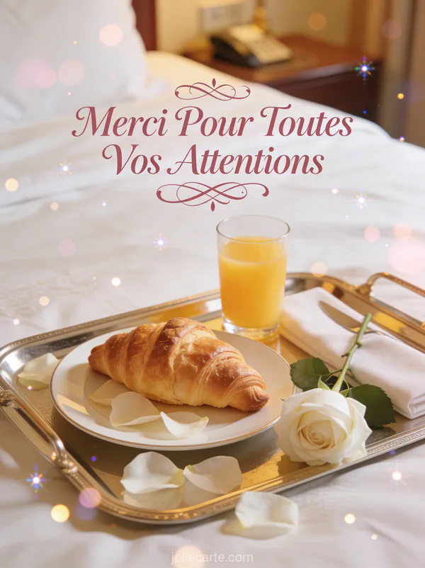 Plateau petit-déjeuner avec croissant jus frais et rose blanche sur lit texte Merci Pour Toutes Vos Attentions rose élégant
