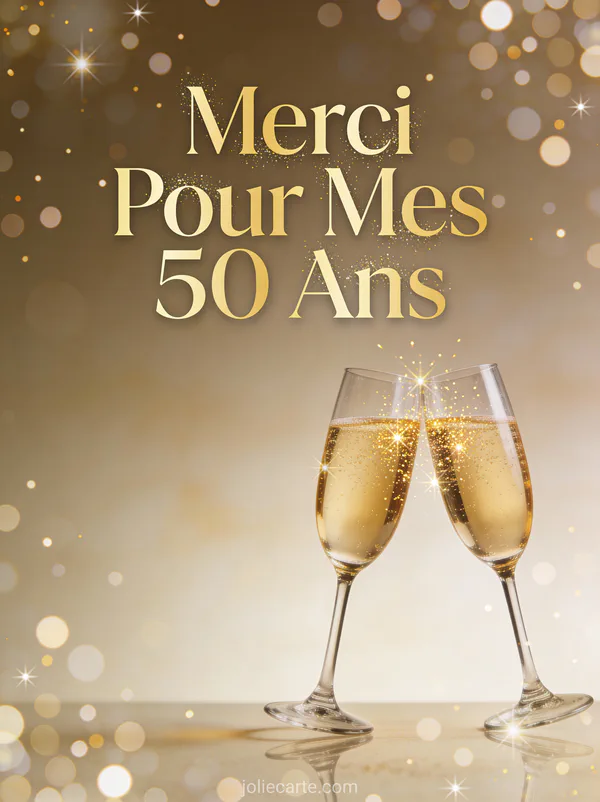 Deux coupes de champagne trinquant avec bulles et étincelles dorées avec le texte Merci Pour Mes 50 Ans