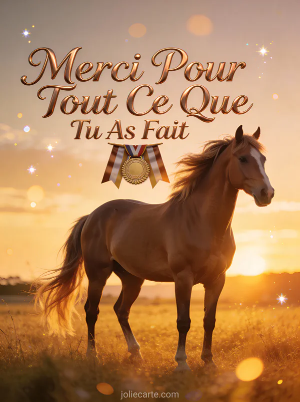 Cheval noble à la crinière flottante dans prairie dorée au coucher de soleil texte Merci Pour Tout Ce Que Tu As Fait bronze