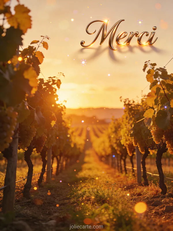 Remerciement décès gratuit avec vignoble coucher soleil rangées vignes dorées texte Merci