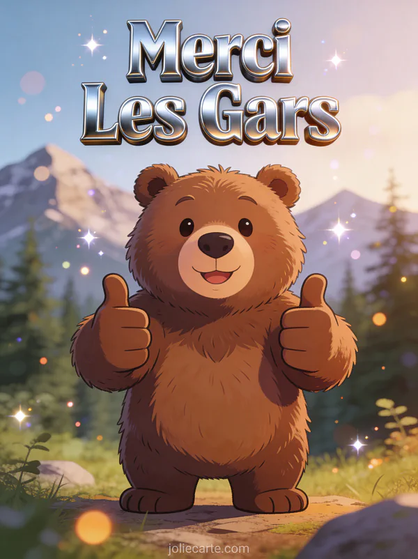 Ours cartoon souriant levant les deux pouces devant une forêt de montagne avec le texte Merci Les Gars