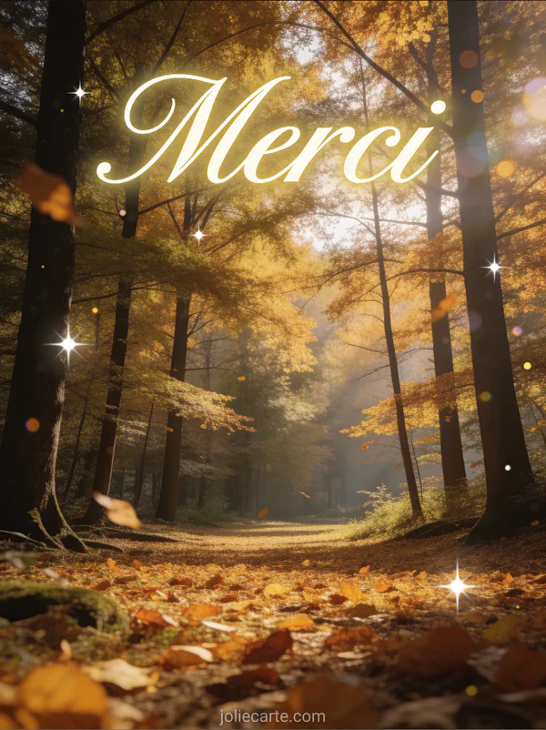 Carte de remerciement après décès avec clairière forêt automne feuilles dorées texte Merci