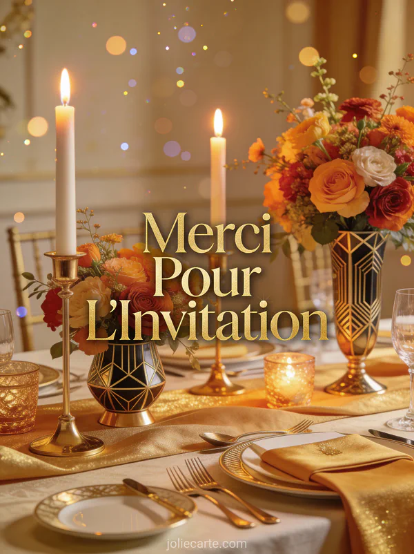 Table de fête élégante avec bougies et fleurs dans une ambiance chaleureuse avec le texte Merci Pour L'Invitation