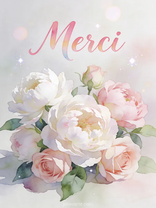 Fleurs carte de remerciement décès avec pivoines et roses blanches roses texte Merci