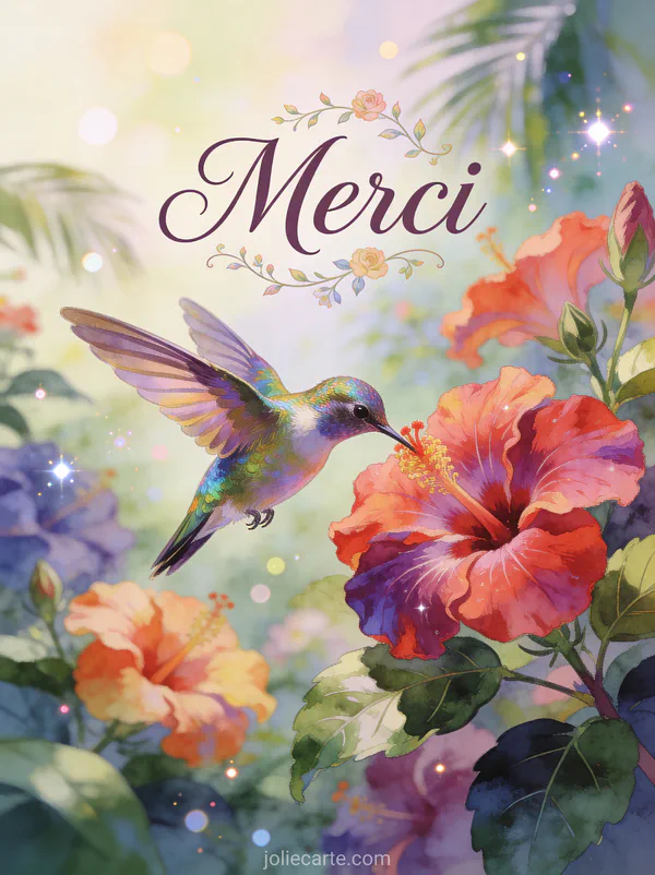 Colibri butinant des fleurs d'hibiscus dans un jardin tropical aux couleurs vives avec le texte Merci