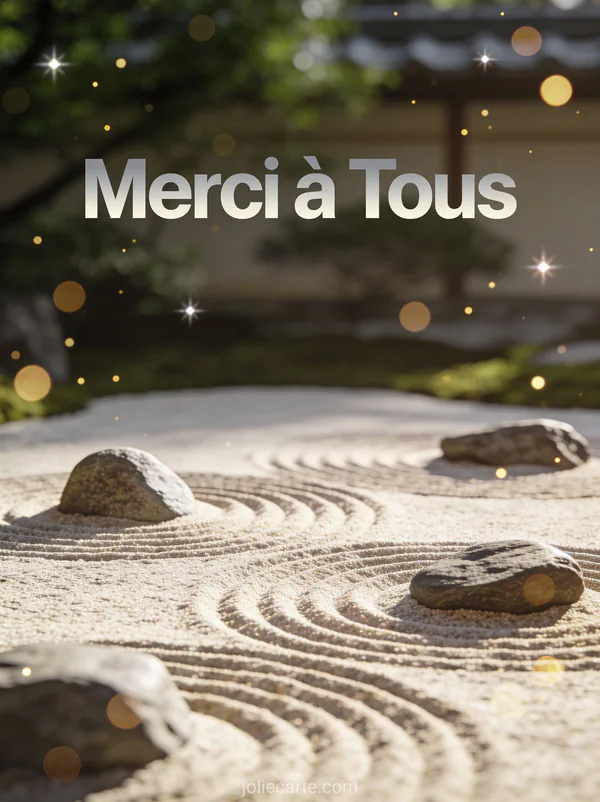 Jardin zen japonais avec sable ratissé et pierres dans une atmosphère paisible avec le texte Merci à Tous
