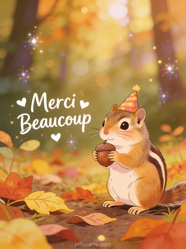 Tamia avec chapeau de fête tenant un gland parmi les feuilles d'automne colorées avec le texte Merci Beaucoup