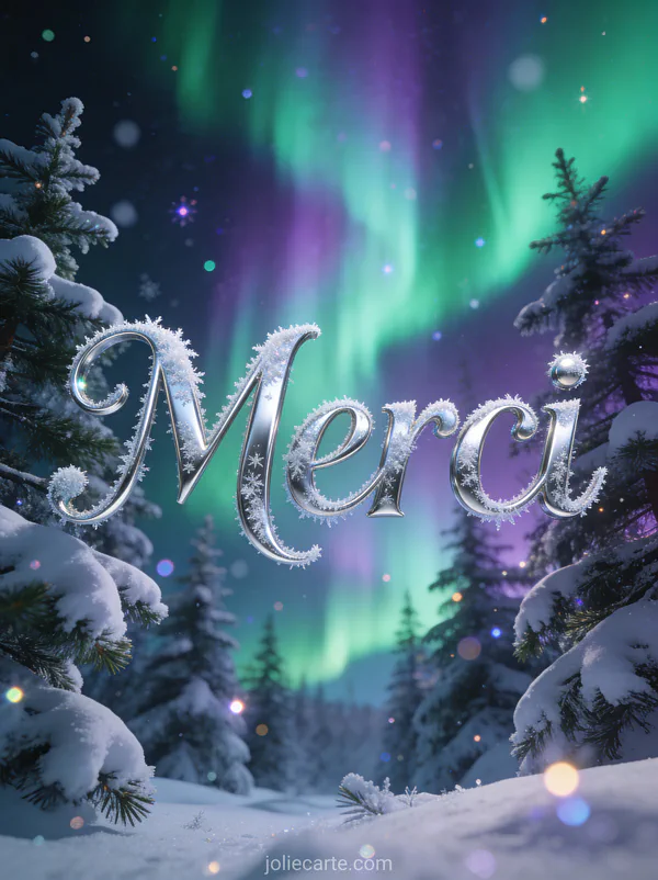 Aurore boréale verte et violette au-dessus de sapins enneigés dans une scène hivernale magique avec le texte Merci