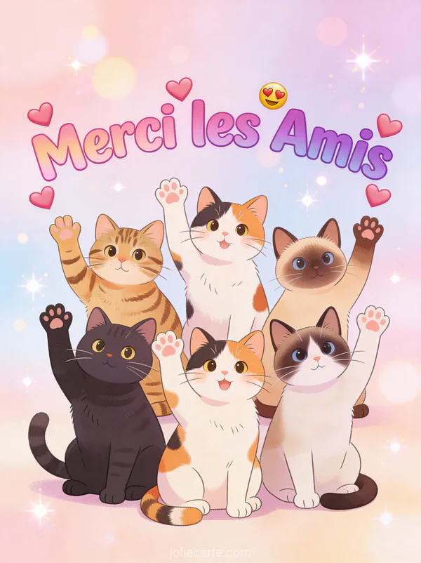 Groupe de chats cartoon variés faisant coucou avec coeurs sur fond moderne avec le texte Merci les Amis